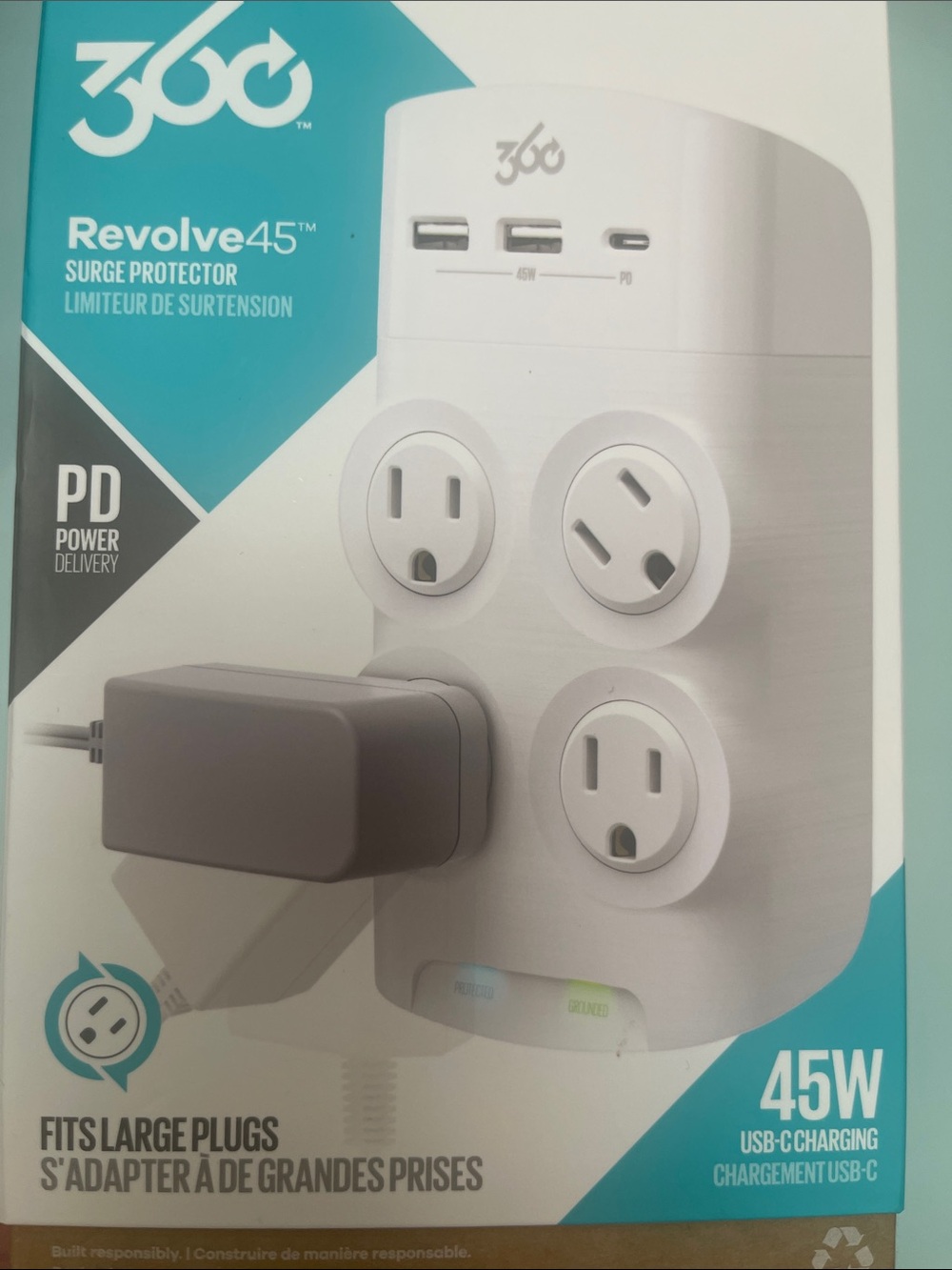 Revolve45 45W White Surge Protector with USB-C PD